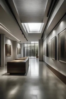 Genera un diseño arquitectonico en funcion a una galeria artistica interior donde se aprecie la materialidad