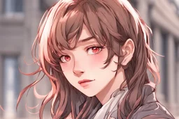 close up headshot portrait of beautiful 18-year-old man who looks like a girl, femboy, feminine, male, brown hair, red eyes, pretty body, perfect face, Wadim Kashin, James Gurney, Ink, splash art, amazing beauty, college campus background, has pink accents on clothes, anime style