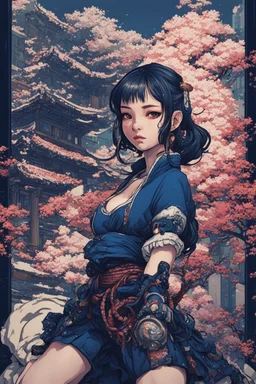 8bits, Pixel Art, beautiful, cyberpunk, huge girl, petit girl, hyperdetailed, illustration by Katsushika Hokusai, darkblue tones,