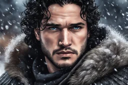 Jon Snow in 4k realistic anime artstyle, winter them, close picture, rain, fantasy world, intricate details, highly detailed, high details, detailed portrait, masterpiece,ultra detailed, ultra quality