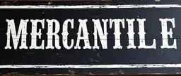 fill composition with large and wide hand painted old western sign that reads: "MERCANTILE" white on black with inset white stripe boarder aged paint on wood sanserif