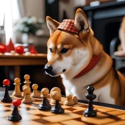 a shiba inu with a christmas hat playing chess