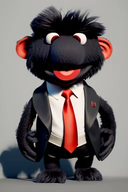 Waist up muppet Portrait, Kim Jong-un muppet doll, black suit, photo studio, red background, unreal engine 5, concept art, art station, god lights, ray tracing, RTX, lumen lighting, ultra detail, volumetric lighting, 3d.