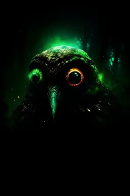 creature, turning to face you, hunch over, dark, force, background, glowing eyes, staring, covered decay, deep shades of green, covering forest, dark, rainbow, gradient, sky, dark, starry night,