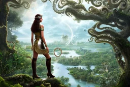 A skinny woman with a Cleopatra hairstyle, short skirt, and knee-high boots, looking out over a lake, in an alien forest, with tall cloud trees, flying Portuguese men of war with octopus tentacles