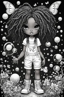 Create an coloring page of a psychedelic illustration of a chibi cartoon black young girl wearing overalls and boots. . Highly detailed sister locs. Background of a large bubbles and butterflies all around her, black and white