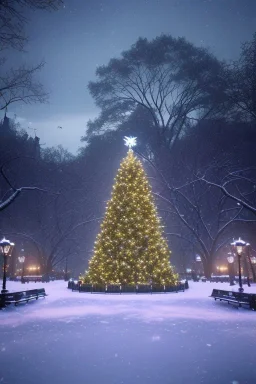 Central park, Realistic night christmas, snow, 4k, big tree christimas, intricate, bump