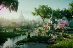 Immersive​ Magical fantasy elven town city tower forest rivendell tree flower pink green yellow beautiful nature river 4k full hd