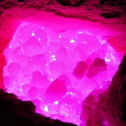 pink crystal, glowing in a cave,