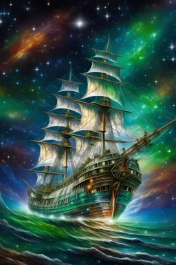 The Flying Dutchman's ship, in brilliant colors, sails in a silver sea between the stars to the ends of the universe.