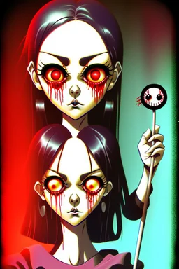 Cartoon bloody eyeball lollipop. illustration, 90s airbrush style, manga inspired, horror art, junji ito , exaggerated