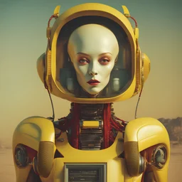 Alien retro computer robot portrait photo, pastel colors, yellow, red, photographed by Daria Endresen, film still from Alejandro Jodorowsky, medium shot fashion, award winning photography, arty pose, fashion, high definition, high resolution, muted colors , volumetric lighting, 8k, 3d render