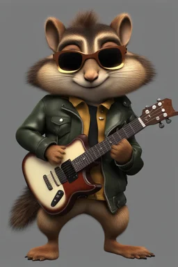 3d animated chipmunk, rockstar with guitar, punk hairstyle, trendy jacket