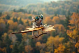 tiny mouse in aviator goggles flying on a hang glider contraption made of an oak leaf and a twig over a autumnal New England forest, expansive, hyperreal, intricate detail, whimsical