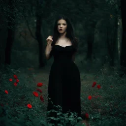 Night, one woman in black dress taking red flowers, vegetations, forest, doom, creepy, gloomy, gothic dark influence