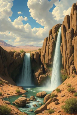 Hieronymus Bosch Style high quality picture waterfall in the desert