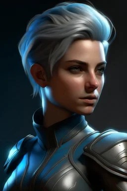 create a female air genasi from dungeons and dragons, dark gray short hair, light blue eyes, wind like hair, wearing hot leather clothing, realistic, from waist up, digital art, high resolution, strong lighting