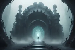 Kraken Death steps through a misty portal in future Cyberpunk castle.