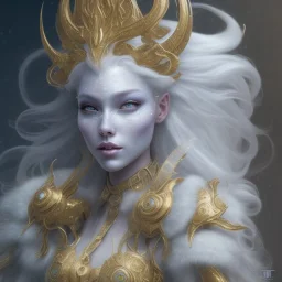 Insanely detailed photograph of An elaborate beautiful ice queen with white ice skin and white eyes and gold headpiece, intricate,hyperdetailed painting fantasy art album cover art 4K 64 megapixels 8K resolution HDR, shiny, portrait, 8k resolution concept art portrait by Greg Rutkowski, triadic colors Unreal Engine 5