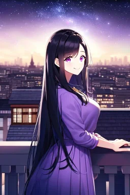 girl, masterpiece, best quality, cinematic lighting, detailed outfit, vibrant colors, perfect eyes long hair, black hair, purple eyes, night sky, starry sky, shooting star, rooftop, town, smile,