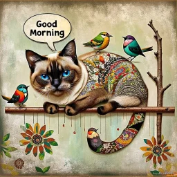 Siamese cat with blue eyes, adorned with intricate patterns and stylized buildings paints, hangs precariously from a floral-patterned board, against a mottled gray-green background. It looks directly at the viewer while a speech bubble above its head states "Good Morning". Three stylized birds in various colors and patterns stand on the branch and board above and below the cat, whimsical, expressionist painting, diswashed, Aging effects, Ogata Kōrin style.