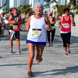  old Sonia Lombardi running a marathon on Miami beach, full body, about to cross the finish line, photo realistic, 8k, realism