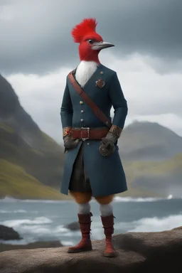 full body, head to toe, 3D, an anthropomorphic Scottish woodpecker named William wearing a kilt, with short, pixie-cut, (((red hair))) tapered on the sides - full color - 32k, UHD, 1080p, 8 x 10, glossy professional quality digital photograph - raging sea and mountains and a ship in the background, historic, powerful, exquisite detail, sharp - focus, ((skin details, high detailed skin texture))