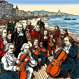 Ludwig van Beethoven, Johannes Brahms, Wolfgang Amadeus Mozart, Antonin Dubzek and Johann Sebastian Bach stand on the boardwalk on the beach in San Francisco and play violins in front of children, men and women who sit on the floor and listen to them,