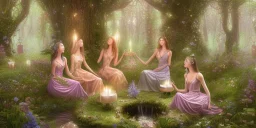 group of beautiful ladies in colour of the rainbow dresses meditating in an enchanted forest with a spring like chalice well, candles in the trees, crystals around, insense burning, super realistic, high detail