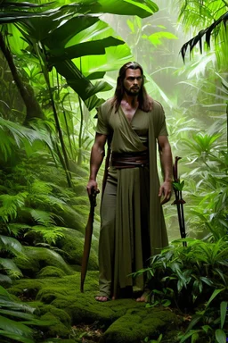 In a lush and vibrant jungle, a sense of mystery and adventure fills the air. The diffused lighting and clever interplay of shadows add to the allure of this captivating scene. As you venture deeper into the foliage, you encounter a remarkable individual who commands attention - the legendary Qui-Gon Jinn, a wise Jedi Master in the prime of his 20s. Donning an intriguing scifi-inspired outfit, Qui-Gon exudes an aura of serenity and grace, drawing you into the essence of a true Jedi. The intricat