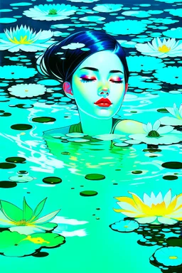 A green-haired woman facing up lies at the bottom of the pool, with lotus flowers floating on the water, reflection, loose strokes, dynamic lighting, digital art, art by james jean, takato yamamoto, 4k, concept art, illustrative