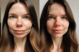 A selfie of a brunette woman, middle long hair, showing a 29-year-old European woman. She has brown hair, face without makeup, cute nose, detailed full lips, skin texture. Split screen and show the same face but without wrinkels and younger .