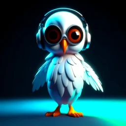 Illustrative sketch of a 3D Pixar image of a humanoid owl in music with headphones, ultra quality, 8k