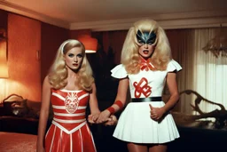 [vintage style noisy scratches glitches, Shot the texture and then rewound the film and double exposed from a colorful 1970s Italian movie] As the hot blonde cheerleader and the xenomorph mummy faced each other in the eerie hotel room, a palpable tension filled the air. The cheerleader, her youthful exuberance contrasting with the mummy's ancient horror, stood poised for a confrontation unlike any other. The xenomorph mummy, a fusion of unearthly terror and decaying majesty, regarded the cheerle