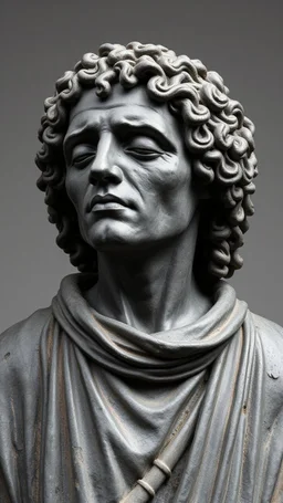 Ceramic style statue all colours are dark gray of an old church man from the 1000 BC in it a whole body and the head of dead man with thick curly hair and his eyes are closed