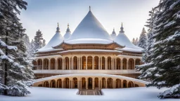 715, rule of thirds, delightful, sensitive, confident, undulating sinusoidal palace with pointed hyperbolic roofs, forest, delicate, thick snow, sunshine, symmetrical, exquisite architecture, innovative design, perfect symmetry, award-winning photograph, beautiful composition, filled with beautiful detail, delicate colour, chiaroscuro