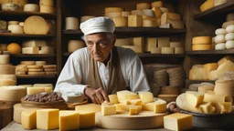 elderly male market trader selling many different types of cheese, showing his head and upper body, perfect eyes, perfect anatomy, exquisite composition, beautiful detailed intricate detailed octane render, 8k artistic photography, photorealistic, soft natural volumetric cinematic perfect light, chiaroscuro, award-winning photograph, masterpiece, raphael, caravaggio, bouguereau