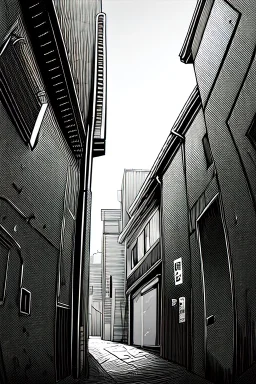 girl in an alley, fisheye, greyscale