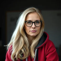 cool blonde hair blonde eyes woman 35 years old rodfessor big fat, smart long hair dark ,,, film maker director,,, wearing glasses yound in a hoody talking about philiophy ton his friends, style life realism