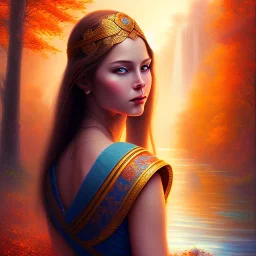 fantasy art, book illustration,portrait of priestess by a dam ,autumn water, colorful, evening