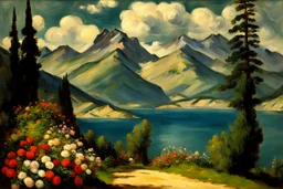 Mountains, lake, flowers, pathway, pine trees, clouds, edouard manet impressionism painting