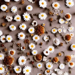 circle arrangement of small dried flowers on white textured paper, pressed flowers, aesthetic layout, beautiful composition, daisies, vintage, brightly lit, tender