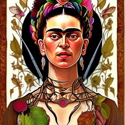 A beautiful portrait of Frida Kahlo by alphonse mucha, japanese tatoos, 4k, high details