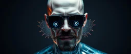 portrait of upper body of cool transparent guy made with nano tape and with shades and mustache and bald head, saw blade beholder eye tyrant flating beholder kin with eyes on each saw blade tooth saying something profound