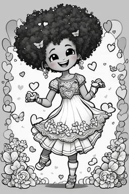 create a coloring page of a chibi ox with a curly afro ponytails dancing around hearts and butterflies. she smiles while shes playing , black and white