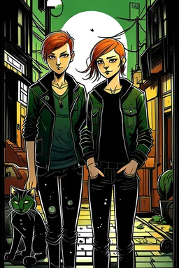 Design a book cover. Two teenage boys with ginger hair, green eyes, and pale faces. Between them, in the centre, a teenage punk girl in dark clothes, heavy boots, leather jacket. The black cat next to the girl, small town, mysterious mood, graphic style, Margot Robbie style, night with light glares.