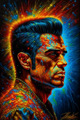 fire, lightning, wind, rain, volcanic lava, fireworks, explosions, multicolored neon lights, Elvis Presley in the art style of Leonardo De Vinci, oil paint on canvas, 32k UHD, hyper realistic, photorealistic, realistic, life-like, extremely detailed, extremely colorful, sharp beautiful professional quality,