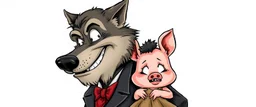 wolf al capone smiling carrying a lovely scared wtf are you up to, pig girl with dress under his arms , stupid cartoon, airbrush and pen outline