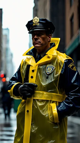 vintage retro nypd full body color policeman wtih exosquelette heavy yellow rain transparent coat