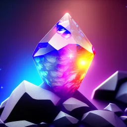 photograph of a (one massive colorful crystal:1.2) growing out of the rocky mountain, (focus on crystal:1.2), 4k, 8k, (highly detailed), ((landscape)),(translucent crystal:1.1), light going trough the crystal, bokeh, chromatic aberration, mountain view, blue and pink background